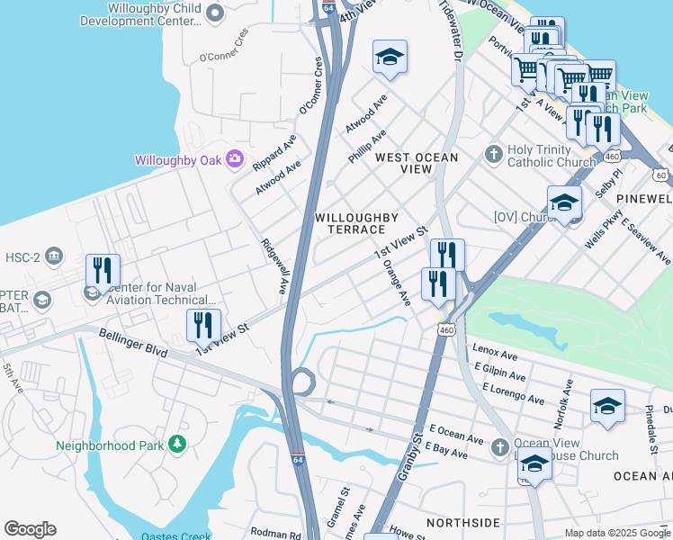 map of restaurants, bars, coffee shops, grocery stores, and more near 9233 1st View Street in Norfolk