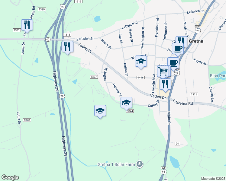 map of restaurants, bars, coffee shops, grocery stores, and more near 103 Harvey Street in Gretna