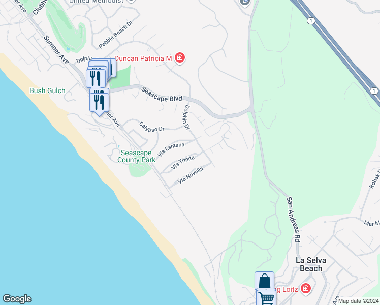 map of restaurants, bars, coffee shops, grocery stores, and more near 205 Vía Trinita in Aptos