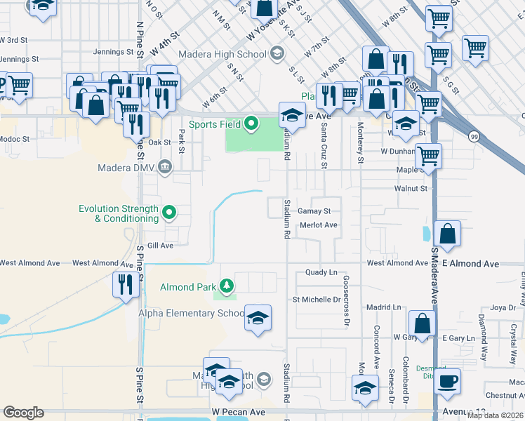 map of restaurants, bars, coffee shops, grocery stores, and more near 528 Fair Oak Avenue in Madera