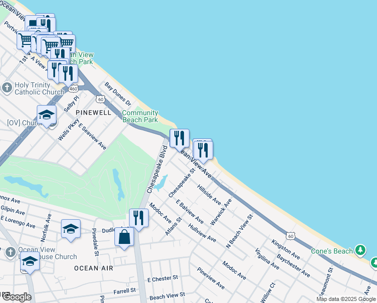 map of restaurants, bars, coffee shops, grocery stores, and more near 905 East Ocean View Avenue in Norfolk