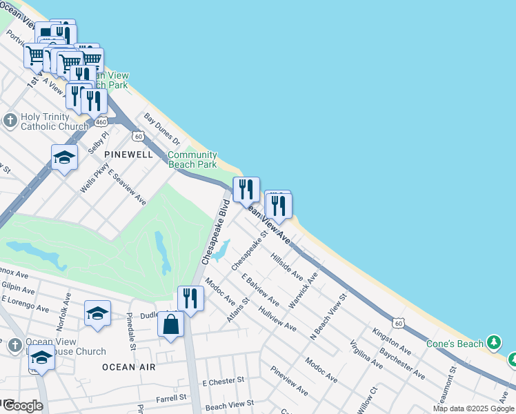 map of restaurants, bars, coffee shops, grocery stores, and more near 905 East Ocean View Avenue in Norfolk