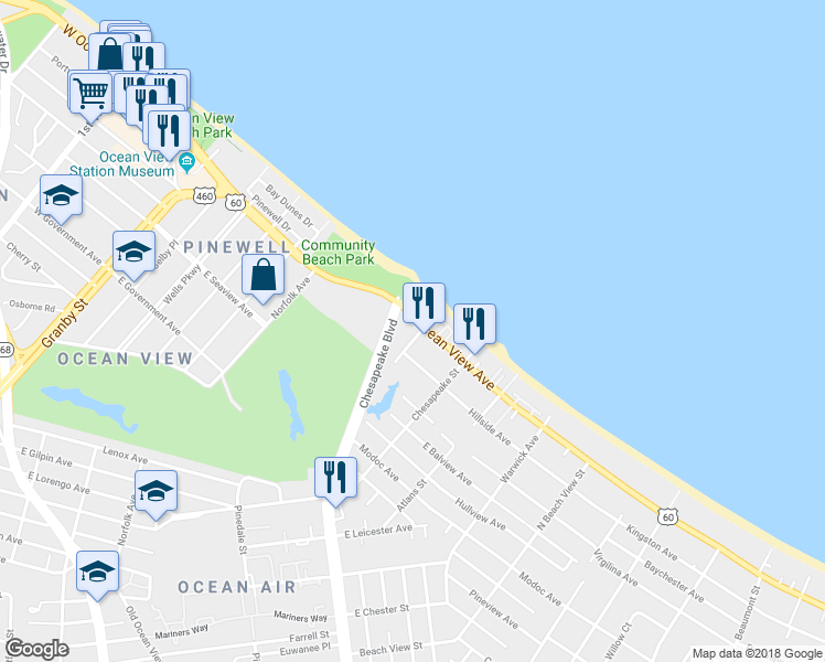 map of restaurants, bars, coffee shops, grocery stores, and more near 905 East Ocean View Avenue in Norfolk