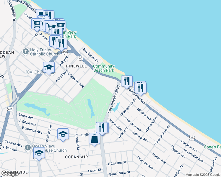 map of restaurants, bars, coffee shops, grocery stores, and more near 9621 Chesapeake Boulevard in Norfolk