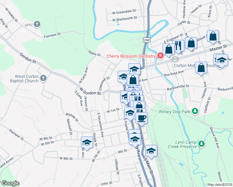 map of restaurants, bars, coffee shops, grocery stores, and more near 305 West Gordon Street in Corbin