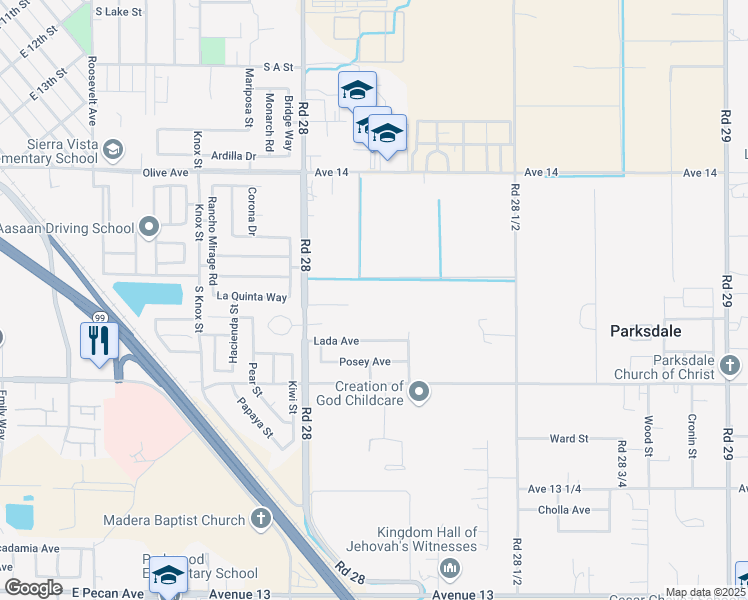 map of restaurants, bars, coffee shops, grocery stores, and more near 13671 Road 28 in Madera