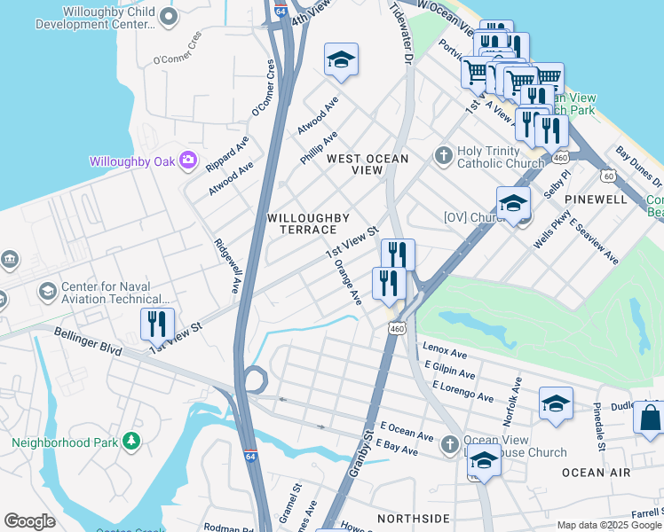 map of restaurants, bars, coffee shops, grocery stores, and more near 9293 Buckman Avenue in Norfolk