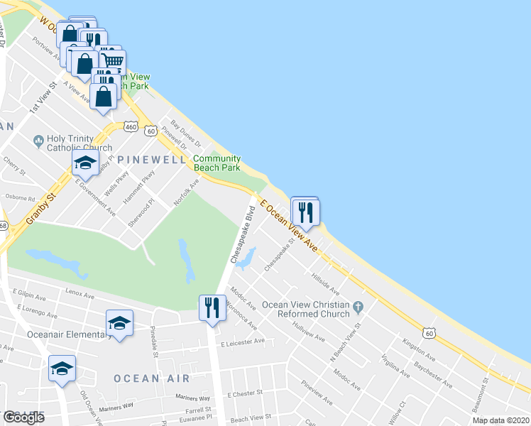 map of restaurants, bars, coffee shops, grocery stores, and more near 827 East Ocean View Avenue in Norfolk