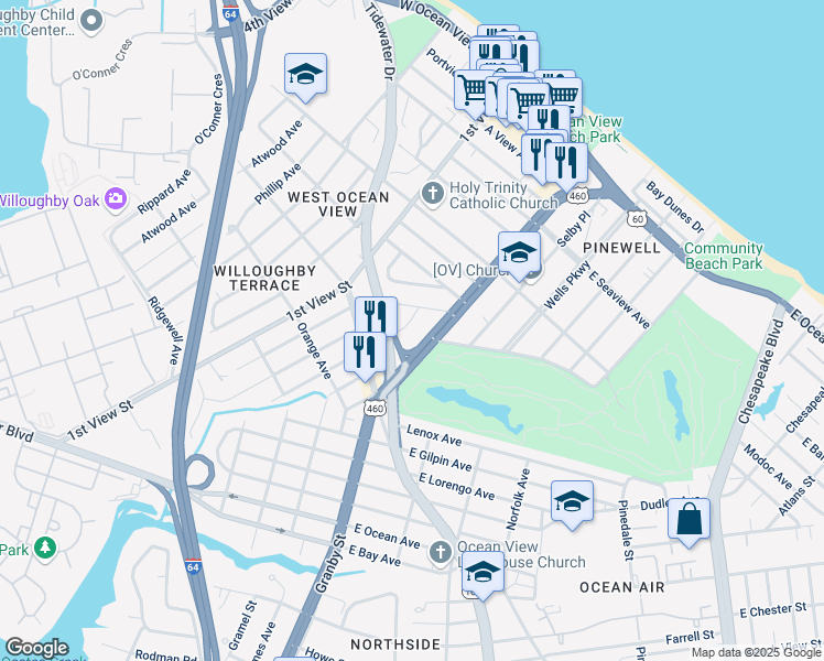 map of restaurants, bars, coffee shops, grocery stores, and more near 9385 Granby Street in Norfolk