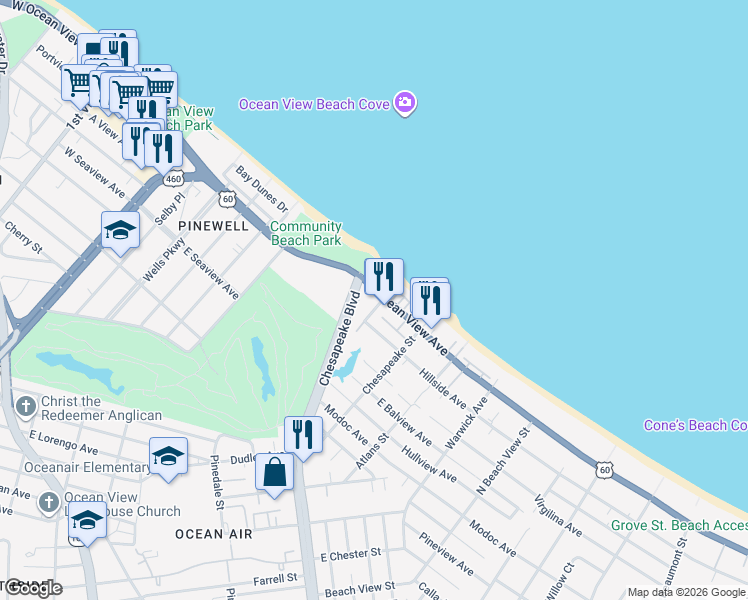 map of restaurants, bars, coffee shops, grocery stores, and more near 905 East Ocean View Avenue in Norfolk