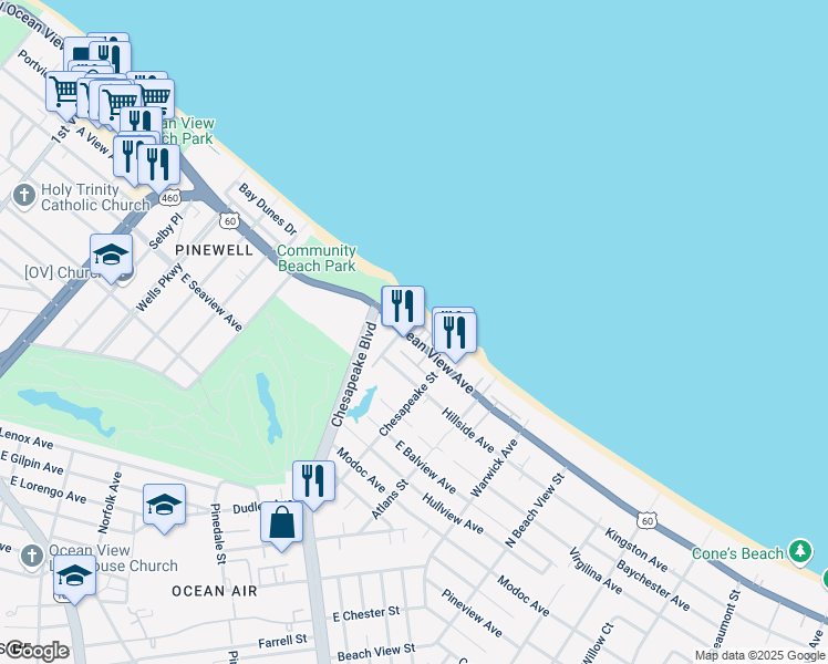 map of restaurants, bars, coffee shops, grocery stores, and more near 905 East Ocean View Avenue in Norfolk