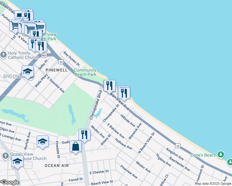 map of restaurants, bars, coffee shops, grocery stores, and more near 910 East Ocean View Avenue in Norfolk