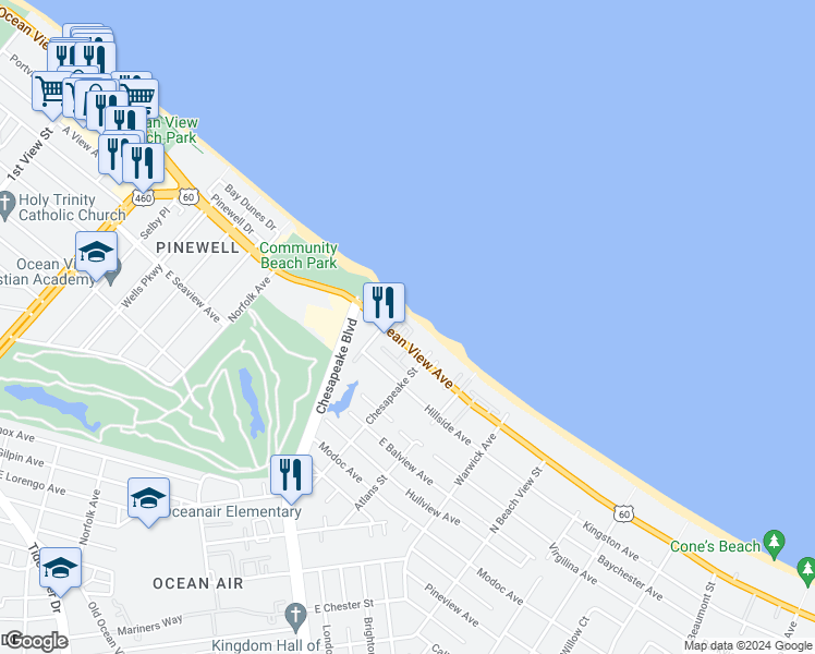 map of restaurants, bars, coffee shops, grocery stores, and more near 928 East Ocean View Avenue in Norfolk