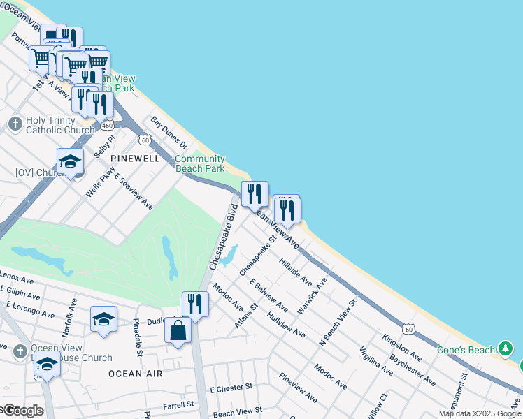 map of restaurants, bars, coffee shops, grocery stores, and more near 905 East Ocean View Avenue in Norfolk