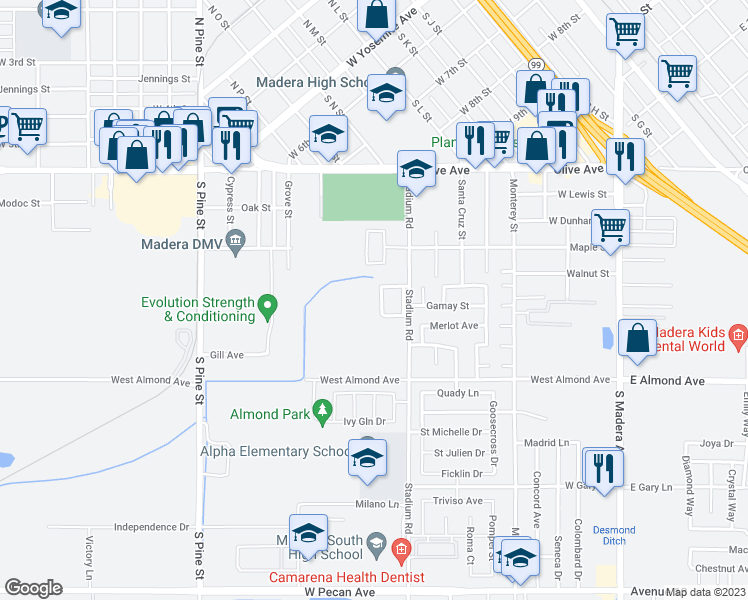 map of restaurants, bars, coffee shops, grocery stores, and more near 444 Fair Oak Avenue in Madera