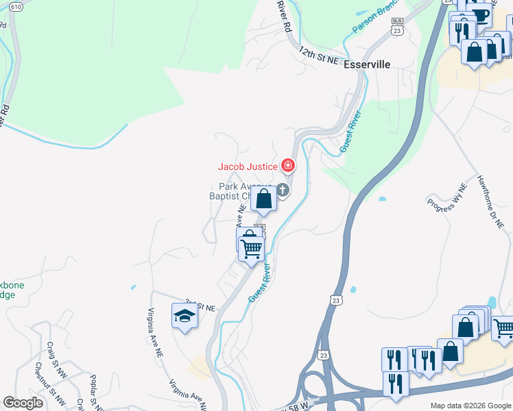 map of restaurants, bars, coffee shops, grocery stores, and more near 2-98 6th St NE in Norton