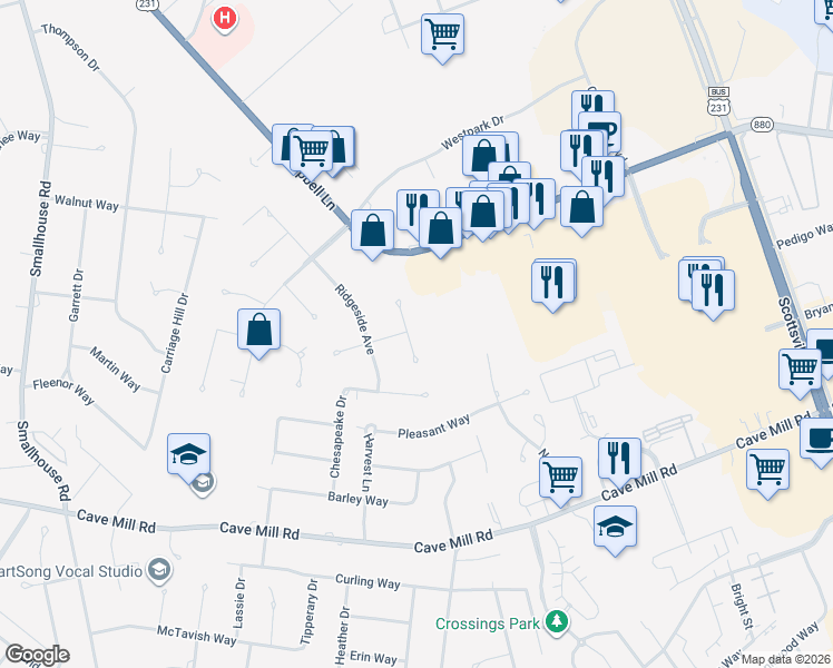 map of restaurants, bars, coffee shops, grocery stores, and more near 1600 Crownridge Court in Bowling Green