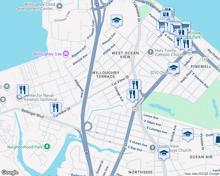 map of restaurants, bars, coffee shops, grocery stores, and more near 9282 1st View Street in Norfolk