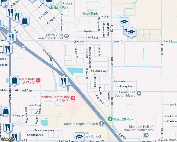 map of restaurants, bars, coffee shops, grocery stores, and more near 452 Rancho Mirage Road in Madera