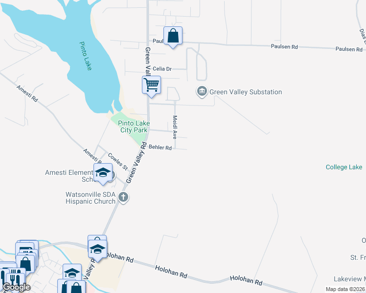 map of restaurants, bars, coffee shops, grocery stores, and more near 3 Meidl Avenue in Watsonville