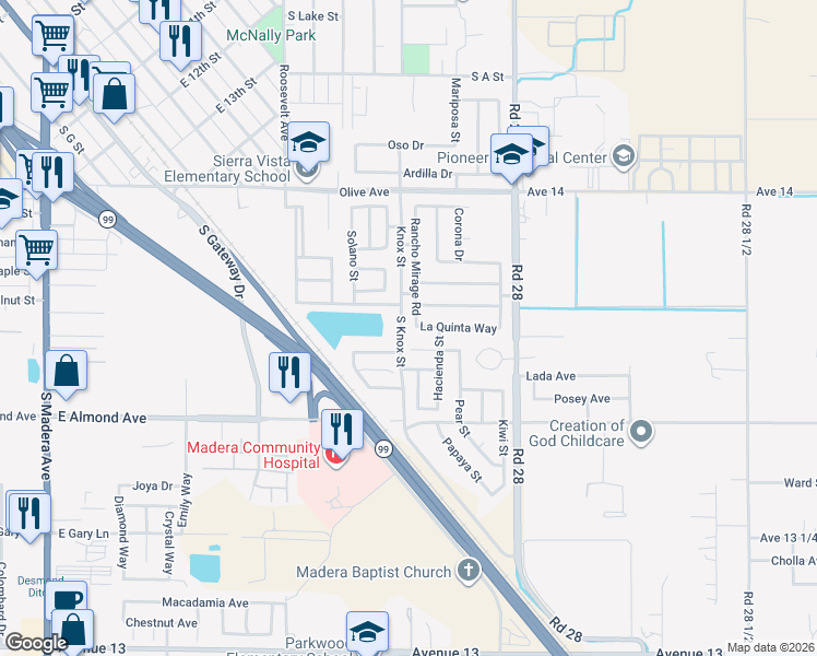 map of restaurants, bars, coffee shops, grocery stores, and more near 452 Rancho Mirage Road in Madera