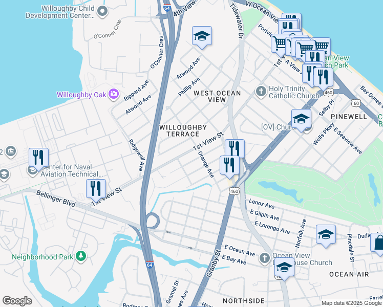 map of restaurants, bars, coffee shops, grocery stores, and more near 9284 1st View Street in Norfolk