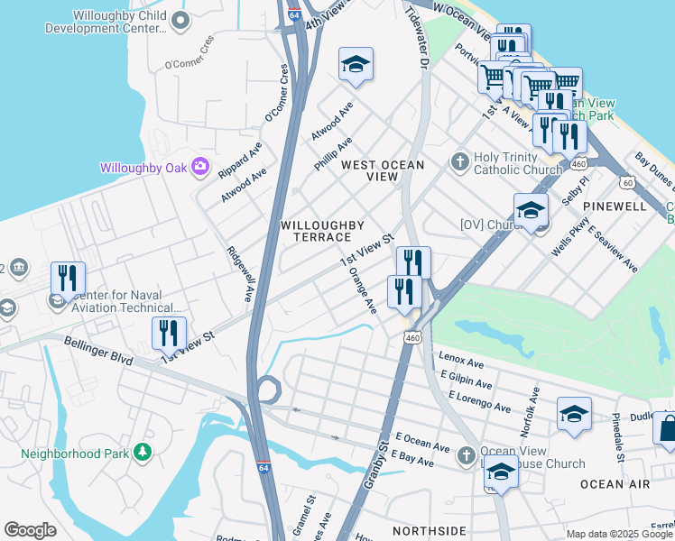 map of restaurants, bars, coffee shops, grocery stores, and more near 9284 1st View Street in Norfolk