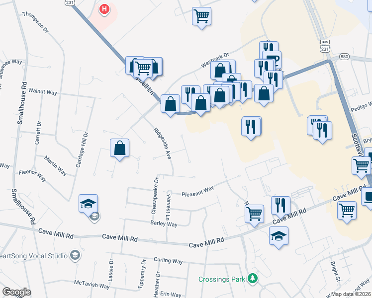 map of restaurants, bars, coffee shops, grocery stores, and more near 1600 Crownridge Court in Bowling Green