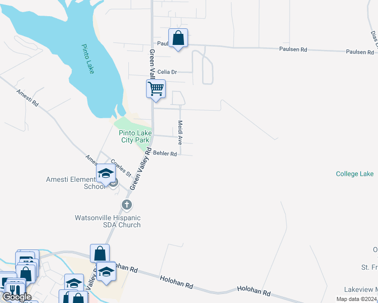map of restaurants, bars, coffee shops, grocery stores, and more near 3 Meidl Avenue in Watsonville