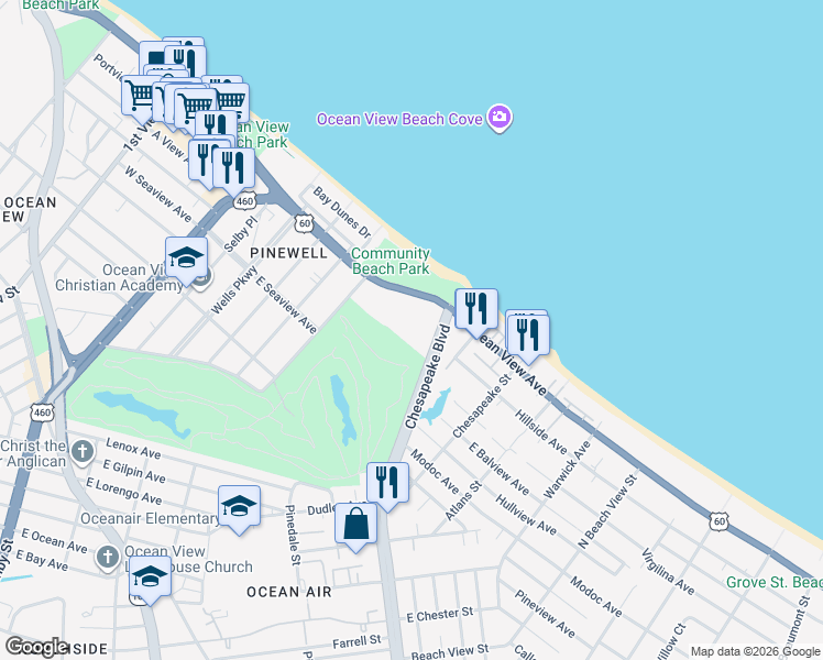 map of restaurants, bars, coffee shops, grocery stores, and more near 9621 Chesapeake Boulevard in Norfolk