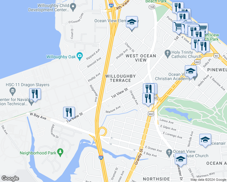 map of restaurants, bars, coffee shops, grocery stores, and more near 9248 Peachtree Street in Norfolk