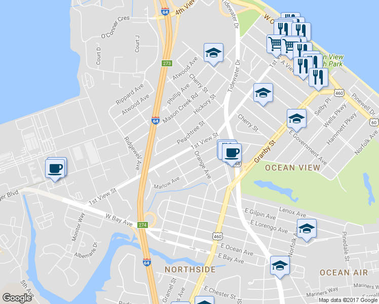 map of restaurants, bars, coffee shops, grocery stores, and more near 9288 1st View Street in Norfolk