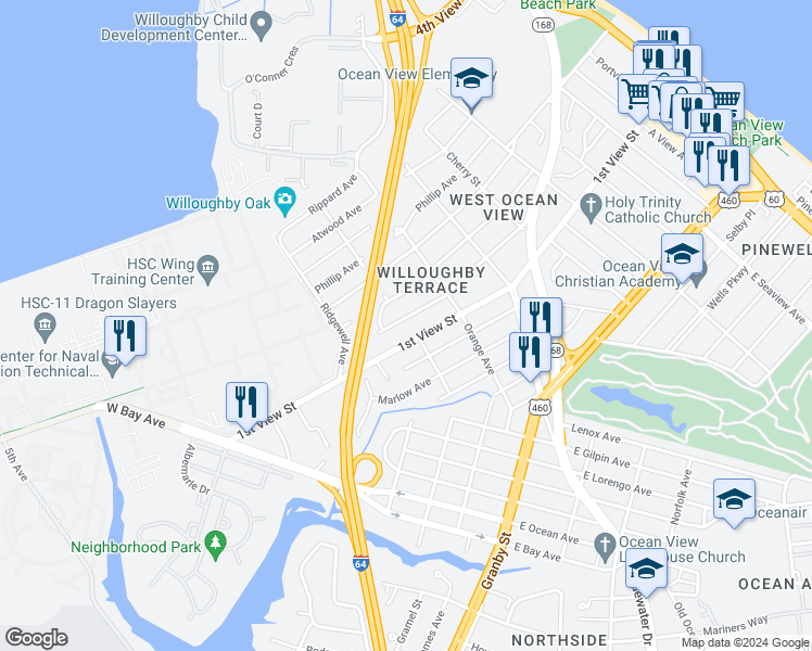 map of restaurants, bars, coffee shops, grocery stores, and more near 9248 Peachtree Street in Norfolk