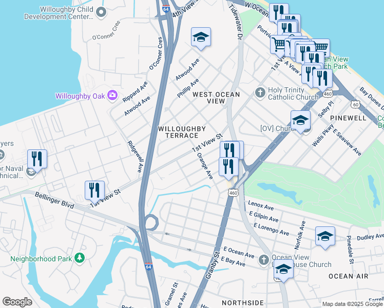 map of restaurants, bars, coffee shops, grocery stores, and more near 9288 1st View Street in Norfolk