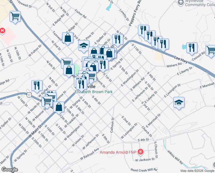 map of restaurants, bars, coffee shops, grocery stores, and more near 195 East Franklin Street in Wytheville