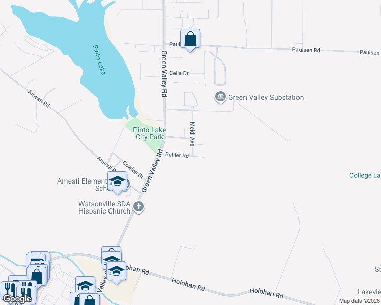 map of restaurants, bars, coffee shops, grocery stores, and more near 3 Meidl Avenue in Watsonville