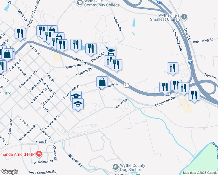 map of restaurants, bars, coffee shops, grocery stores, and more near 1047 East Marshall Street in Wytheville