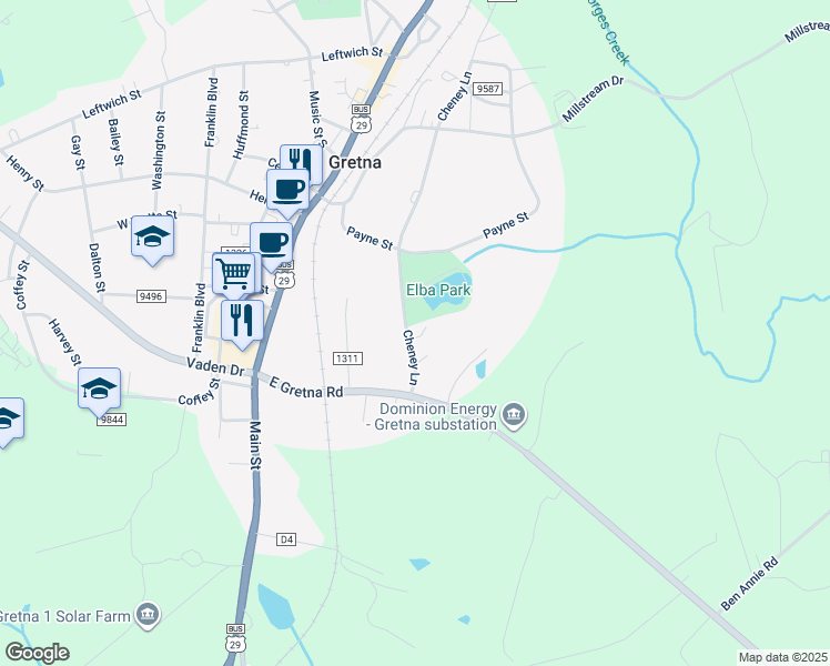 map of restaurants, bars, coffee shops, grocery stores, and more near 108 Cheney Lane in Gretna