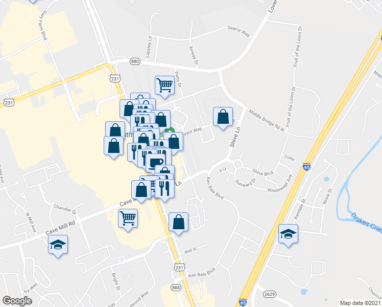 map of restaurants, bars, coffee shops, grocery stores, and more near 1029 Shive Lane in Bowling Green