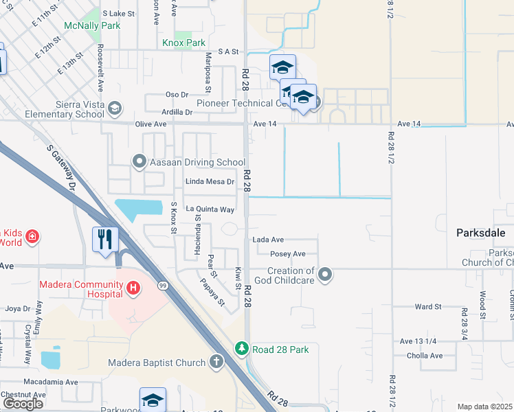 map of restaurants, bars, coffee shops, grocery stores, and more near 13671 Road 28 in Madera