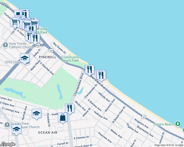 map of restaurants, bars, coffee shops, grocery stores, and more near 900 East Ocean View Avenue in Norfolk