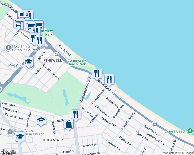 map of restaurants, bars, coffee shops, grocery stores, and more near 828 East Ocean View Avenue in Norfolk