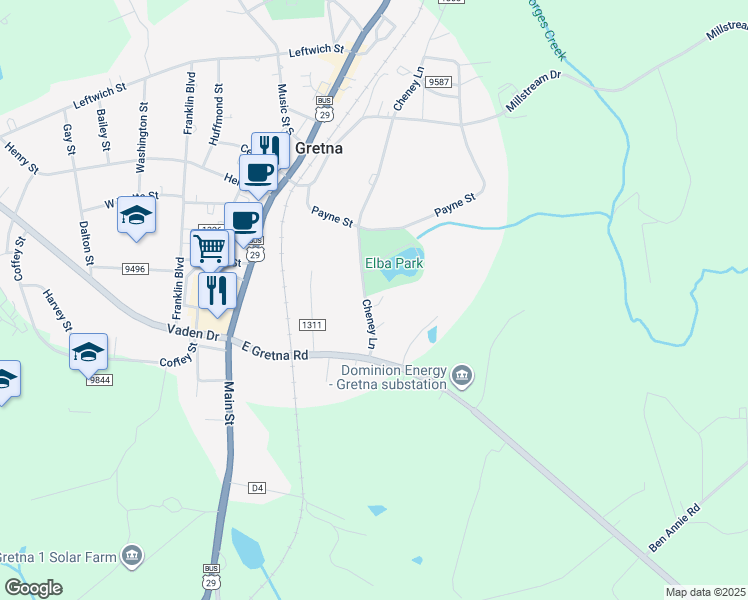 map of restaurants, bars, coffee shops, grocery stores, and more near 108 Cheney Lane in Gretna