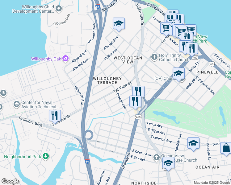 map of restaurants, bars, coffee shops, grocery stores, and more near 156 Orange Avenue in Norfolk