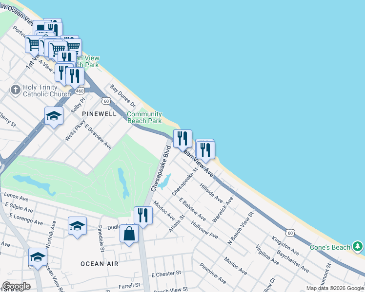 map of restaurants, bars, coffee shops, grocery stores, and more near 905 East Ocean View Avenue in Norfolk