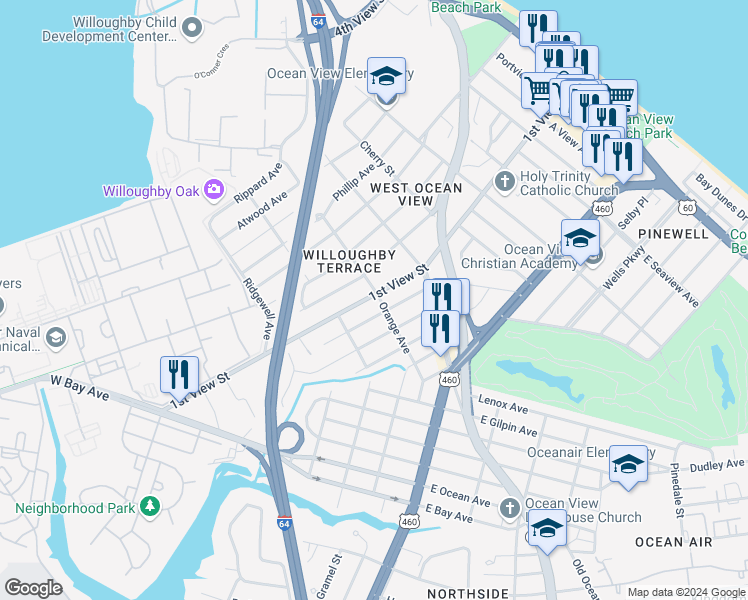 map of restaurants, bars, coffee shops, grocery stores, and more near 9294 1st View Street in Norfolk