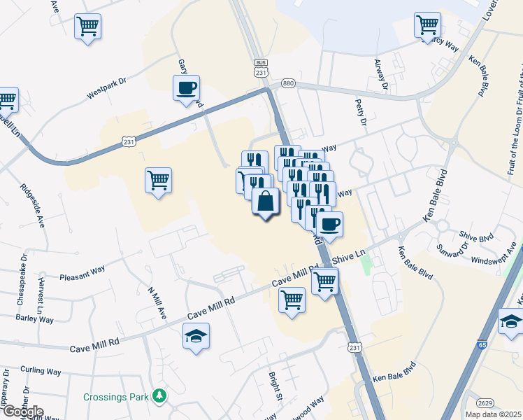 map of restaurants, bars, coffee shops, grocery stores, and more near 2625 Scottsville Road in Bowling Green