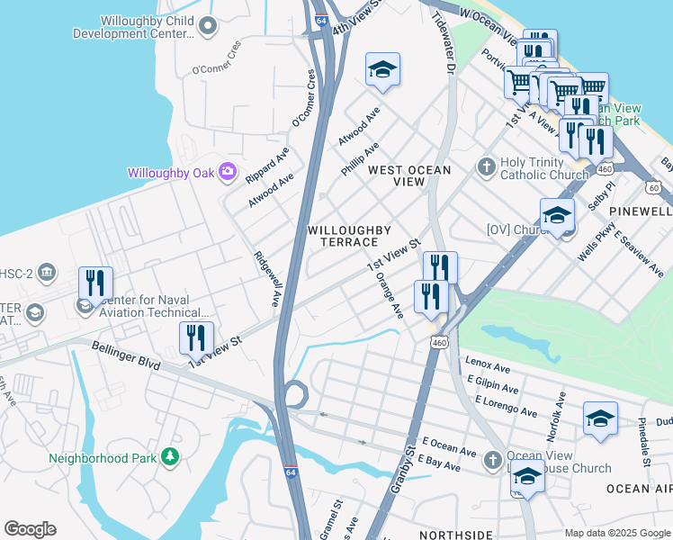 map of restaurants, bars, coffee shops, grocery stores, and more near 9260 Peachtree Street in Norfolk