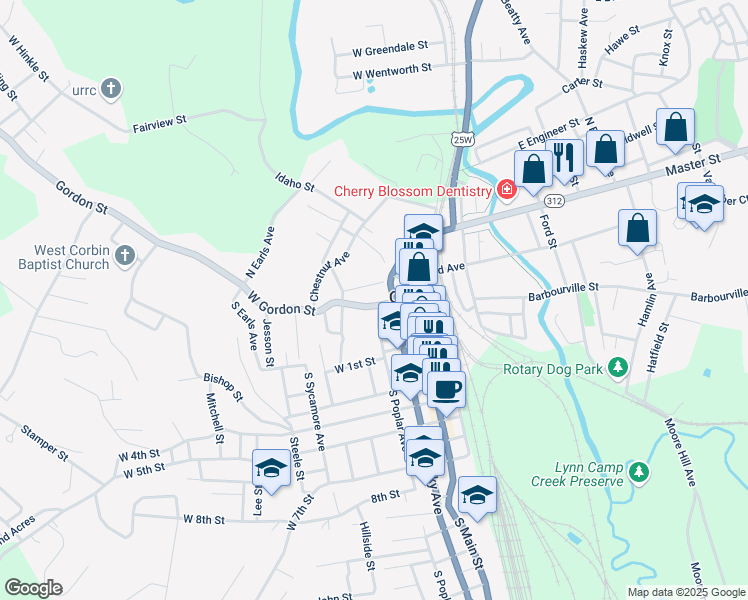 map of restaurants, bars, coffee shops, grocery stores, and more near 305 West Gordon Street in Corbin