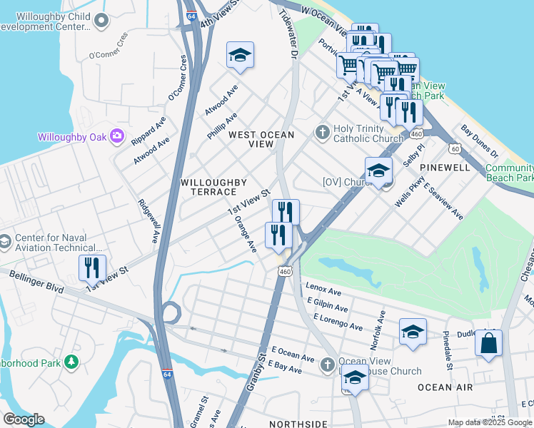map of restaurants, bars, coffee shops, grocery stores, and more near 169 Maple Avenue in Norfolk